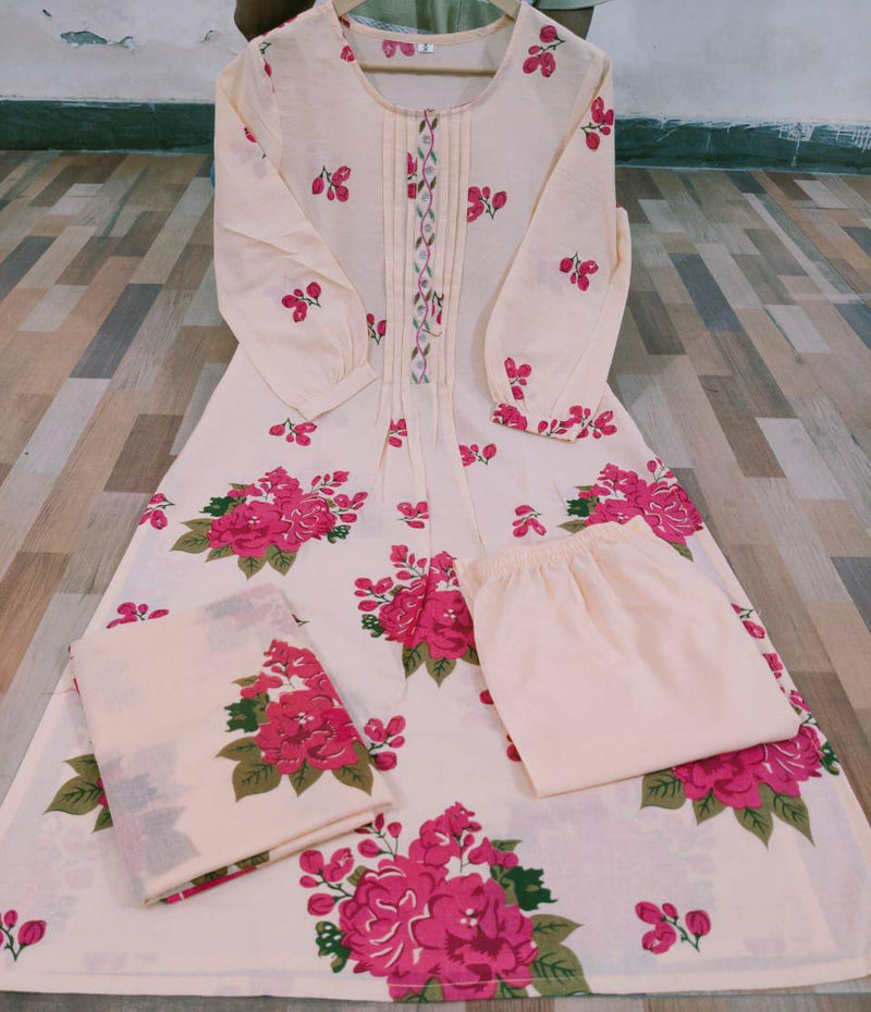 Heavy Pure Cotton fully embroidered kurti pant dupatta set