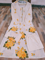 Heavy Pure Cotton fully embroidered kurti pant dupatta set