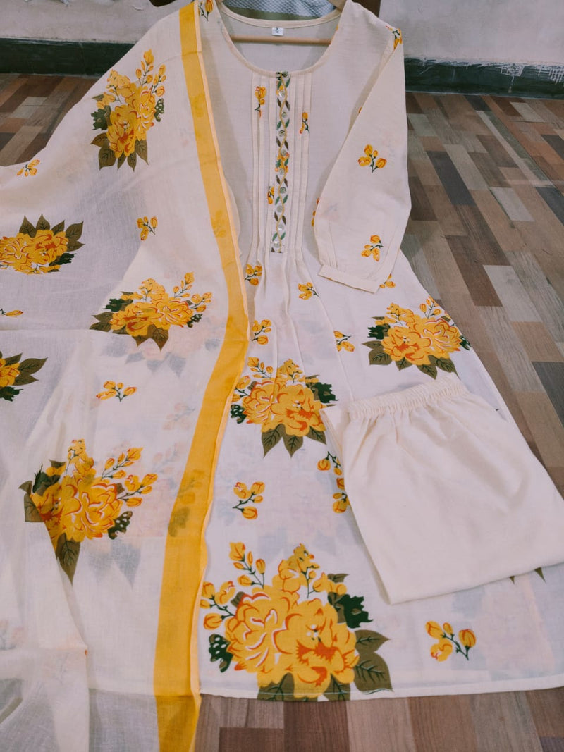 Heavy Pure Cotton fully embroidered kurti pant dupatta set