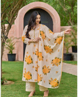 Heavy Pure Cotton fully embroidered kurti pant dupatta set