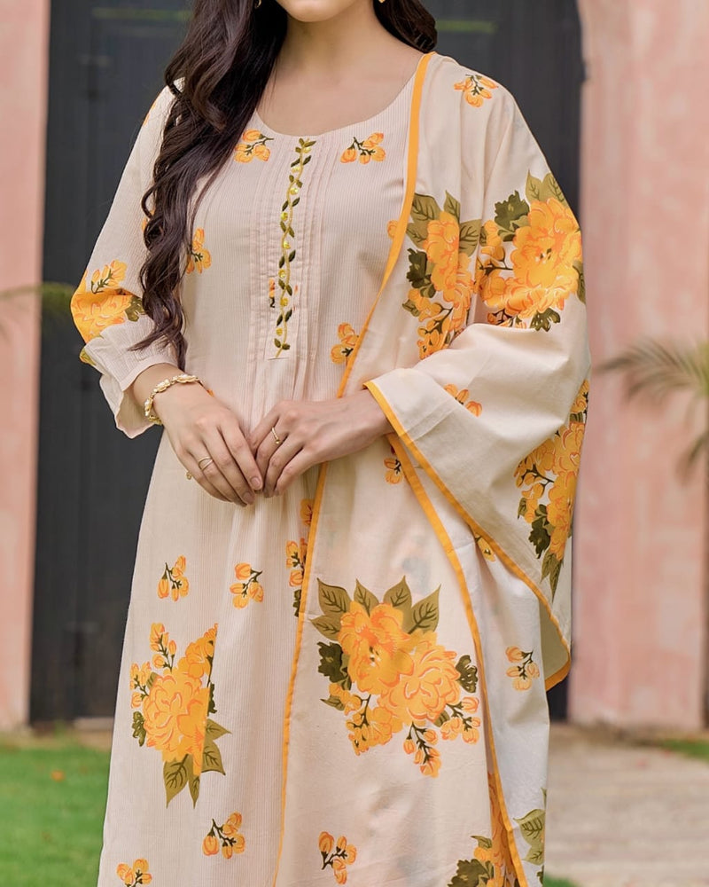Heavy Pure Cotton fully embroidered kurti pant dupatta set