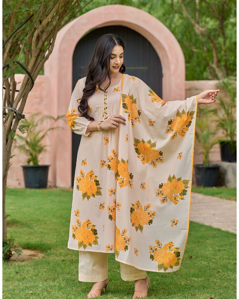 Heavy Pure Cotton fully embroidered kurti pant dupatta set