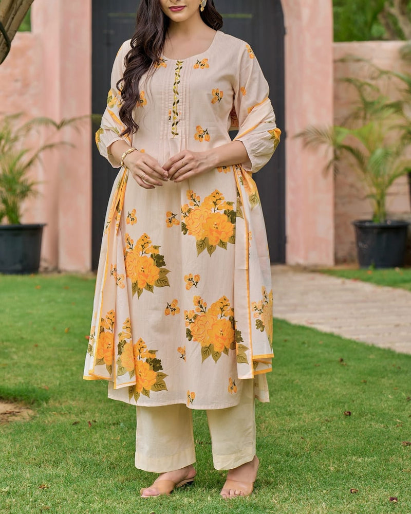 Heavy Pure Cotton fully embroidered kurti pant dupatta set