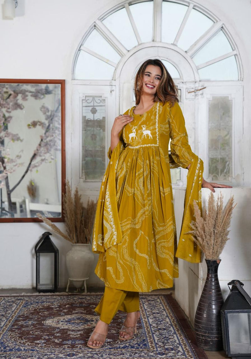 Premium Printed Cotton A-line Suit Set