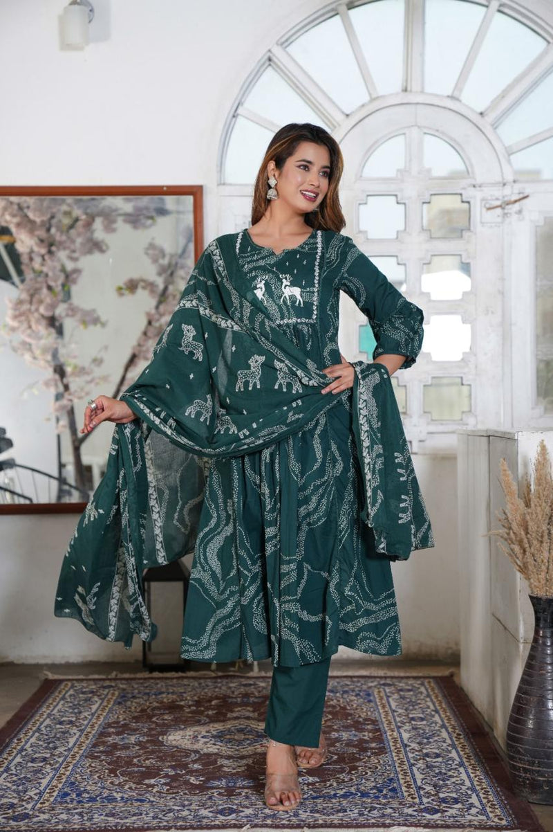 Premium Printed Cotton A-line Suit Set
