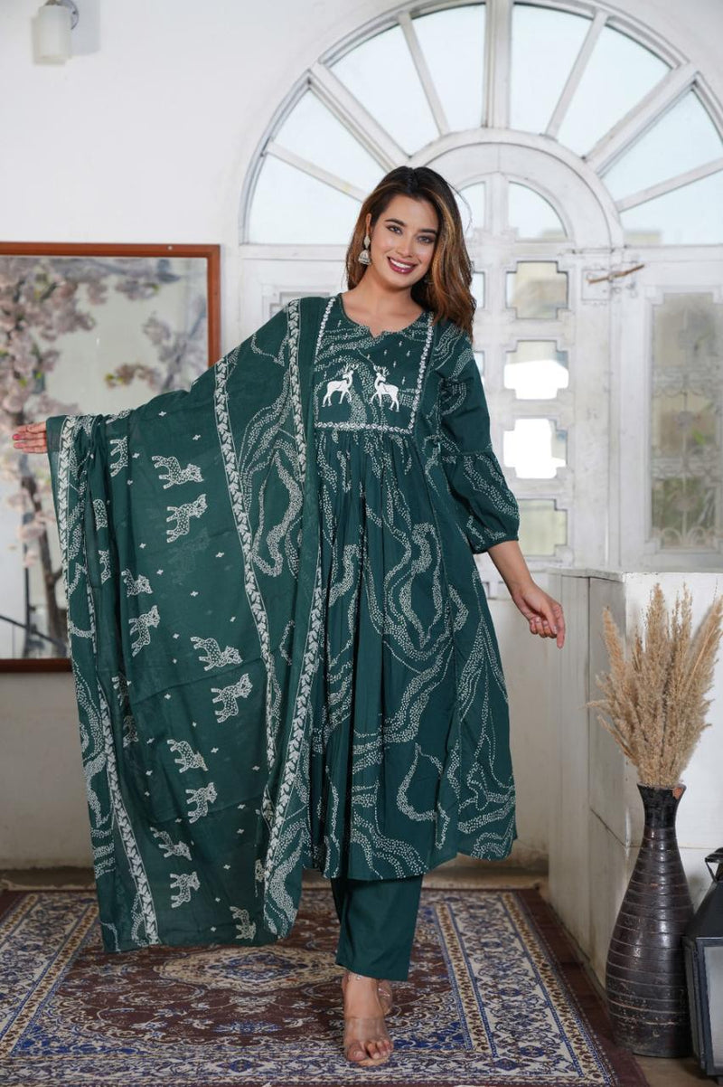Premium Printed Cotton A-line Suit Set