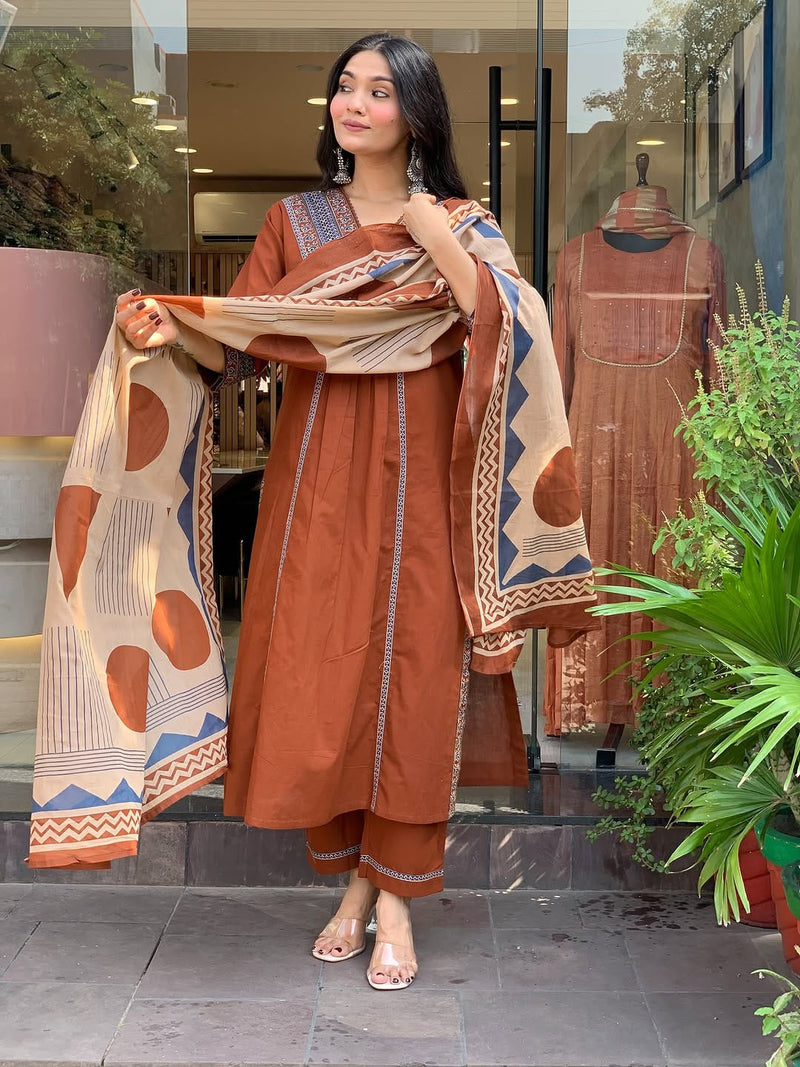 Premium Heavy Cotton with Exquisite Weaving & Embroidery Work on Yoke kurti pant dupatta set