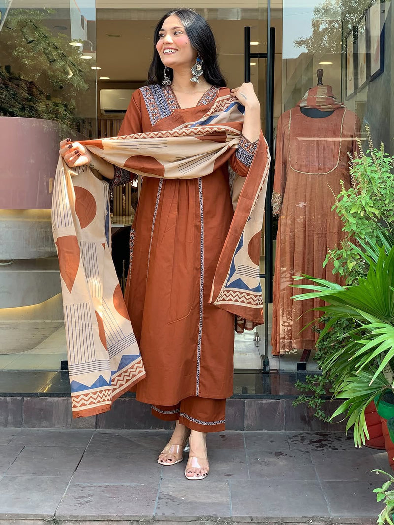 Premium Heavy Cotton with Exquisite Weaving & Embroidery Work on Yoke kurti pant dupatta set