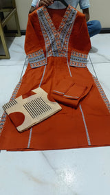 Premium Heavy Cotton with Exquisite Weaving & Embroidery Work on Yoke kurti pant dupatta set
