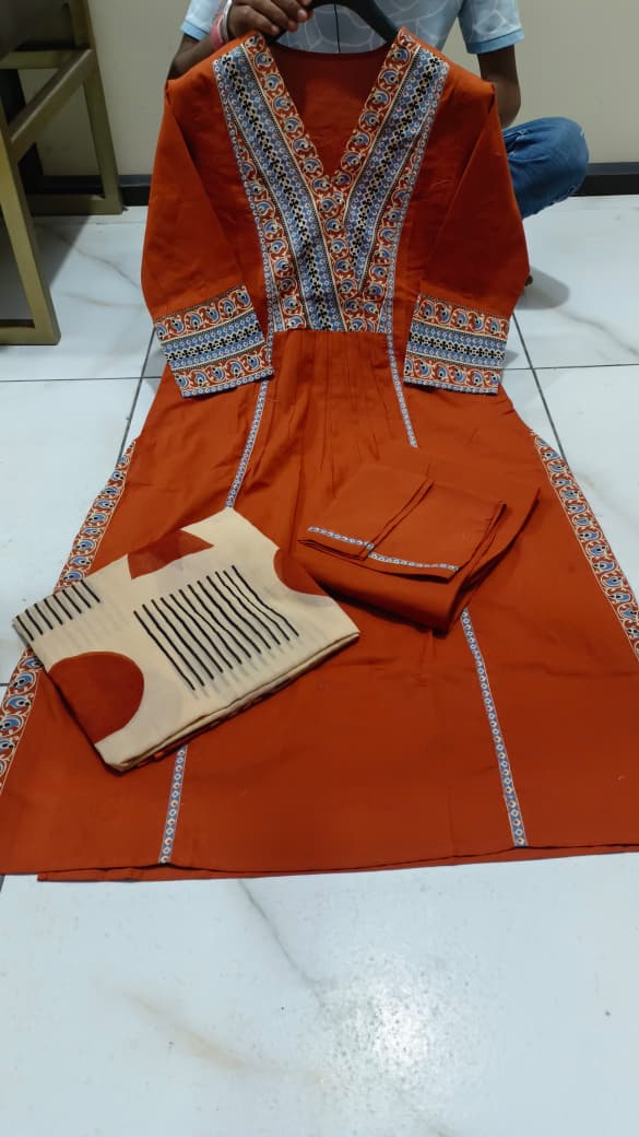Premium Heavy Cotton with Exquisite Weaving & Embroidery Work on Yoke kurti pant dupatta set