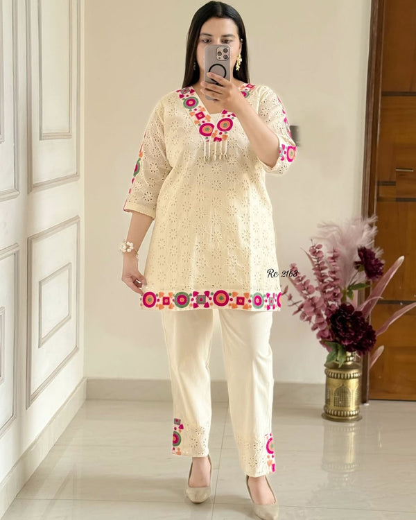 Off-White Premium Cotton Schifli Kurta Set