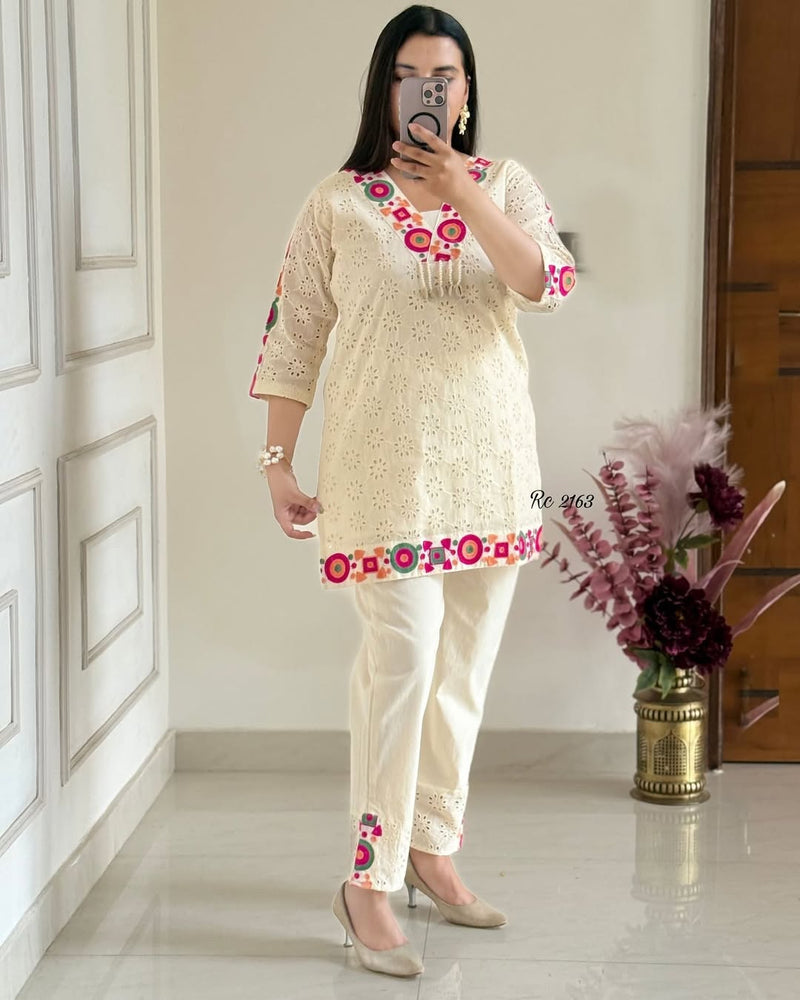 Off-White Premium Cotton Schifli Kurta Set