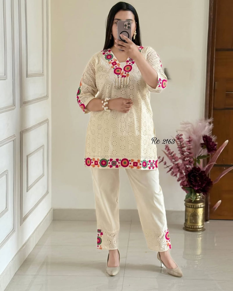 Off-White Premium Cotton Schifli Kurta Set
