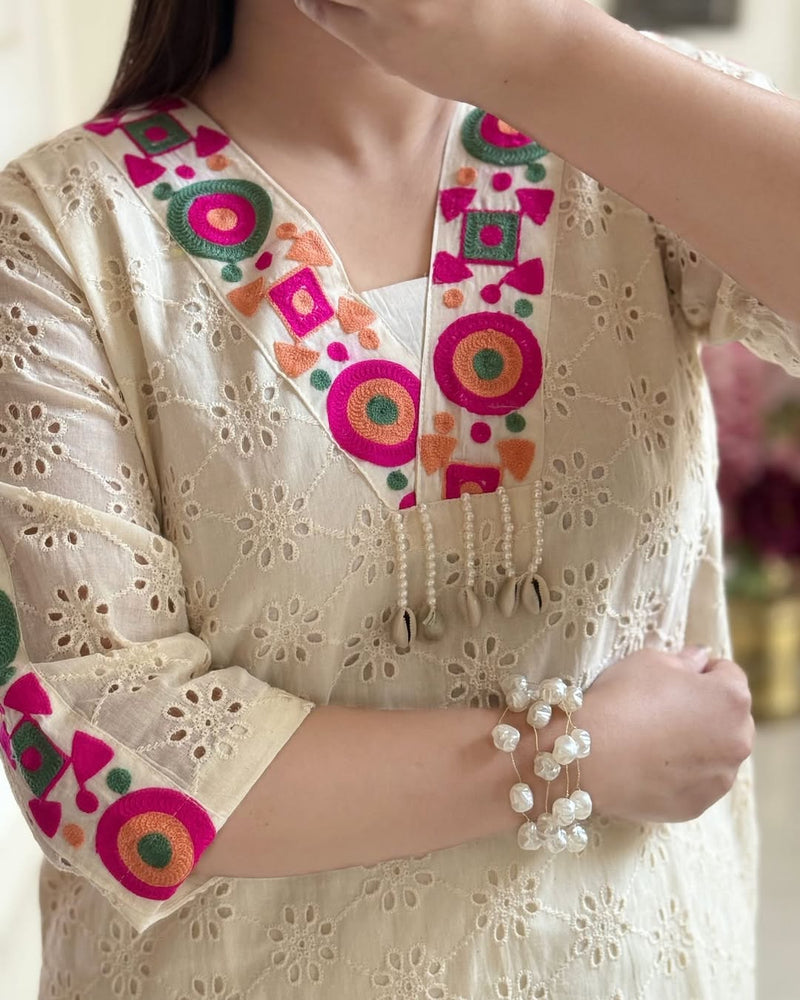 Off-White Premium Cotton Schifli Kurta Set