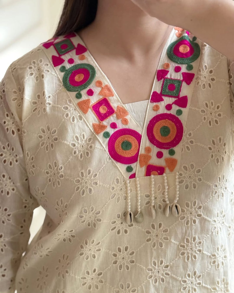 Off-White Premium Cotton Schifli Kurta Set