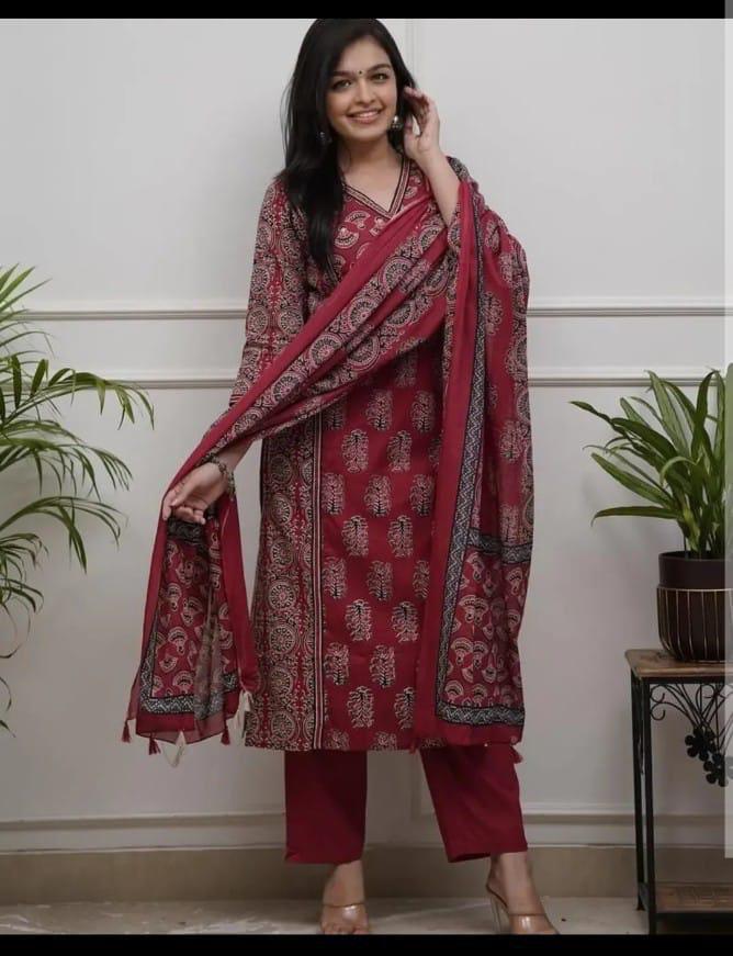 Heavy Quality Cotton Designer Frock-Style Kurti Pant Dupatta Set