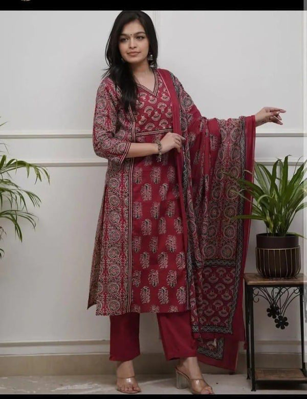 Heavy Quality Cotton Designer Frock-Style Kurti Pant Dupatta Set