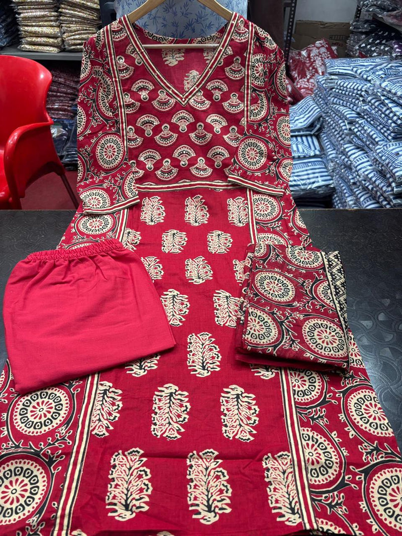 Heavy Quality Cotton Designer Frock-Style Kurti Pant Dupatta Set