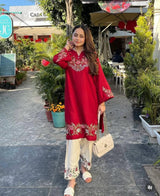 Premium Pure Cotton Red Embroidered Co-ord Set