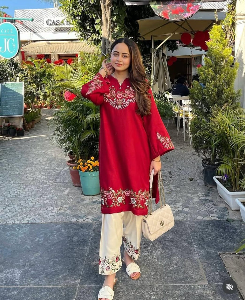 Premium Pure Cotton Red Embroidered Co-ord Set