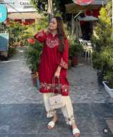 Premium Pure Cotton Red Embroidered Co-ord Set