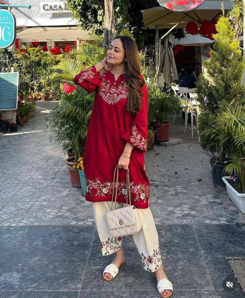 Premium Pure Cotton Red Embroidered Co-ord Set