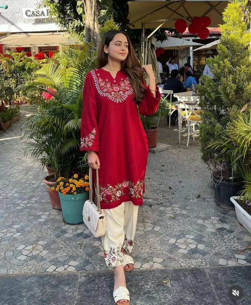 Premium Pure Cotton Red Embroidered Co-ord Set