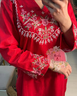 Premium Pure Cotton Red Embroidered Co-ord Set