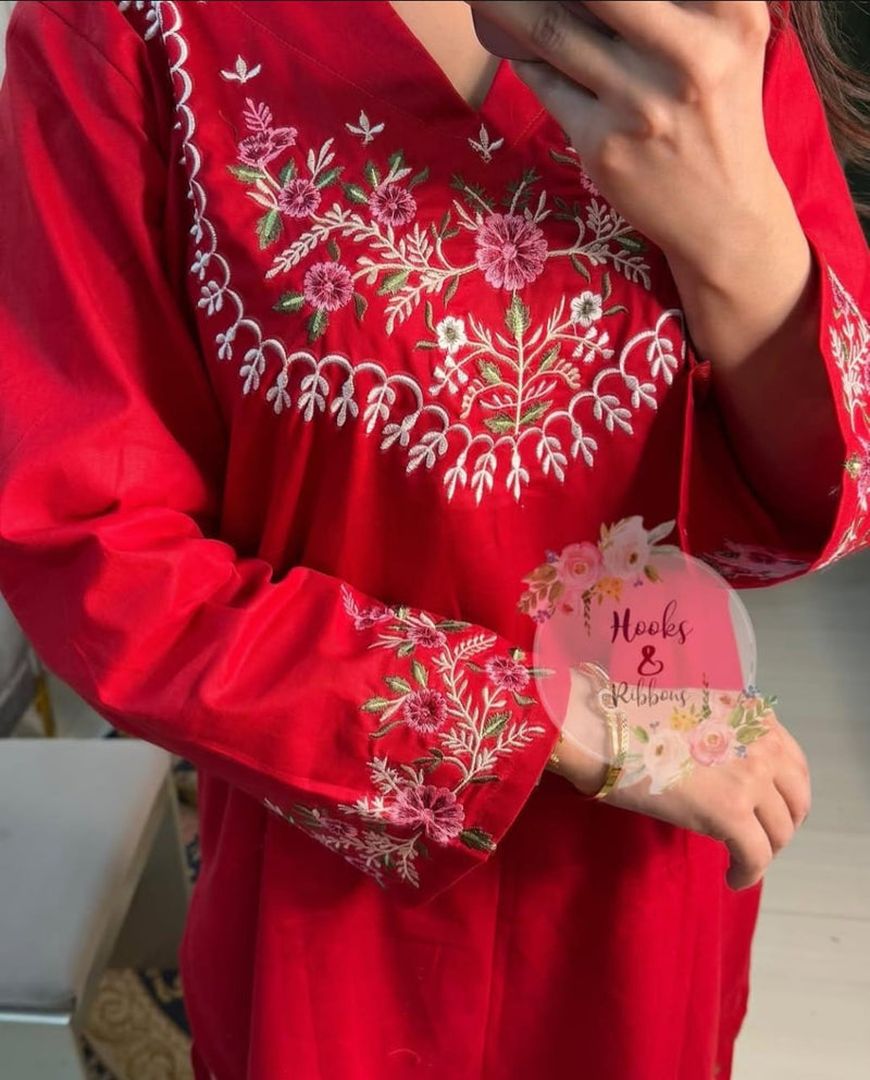 Premium Pure Cotton Red Embroidered Co-ord Set