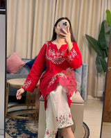 Premium Pure Cotton Red Embroidered Co-ord Set