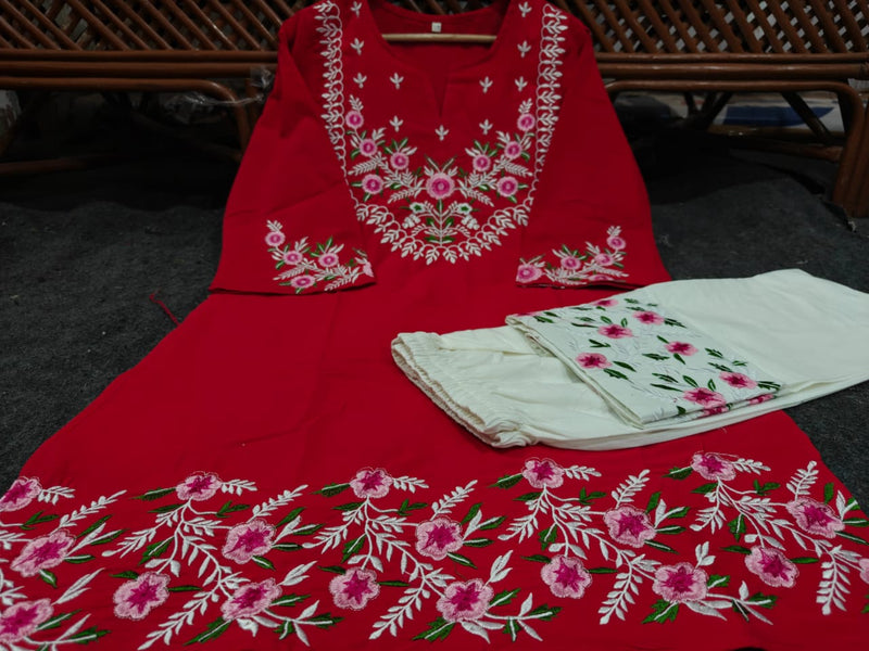 Premium Pure Cotton Red Embroidered Co-ord Set