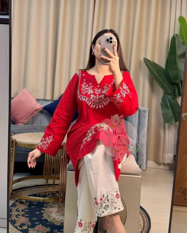 Premium Pure Cotton Red Embroidered Co-ord Set
