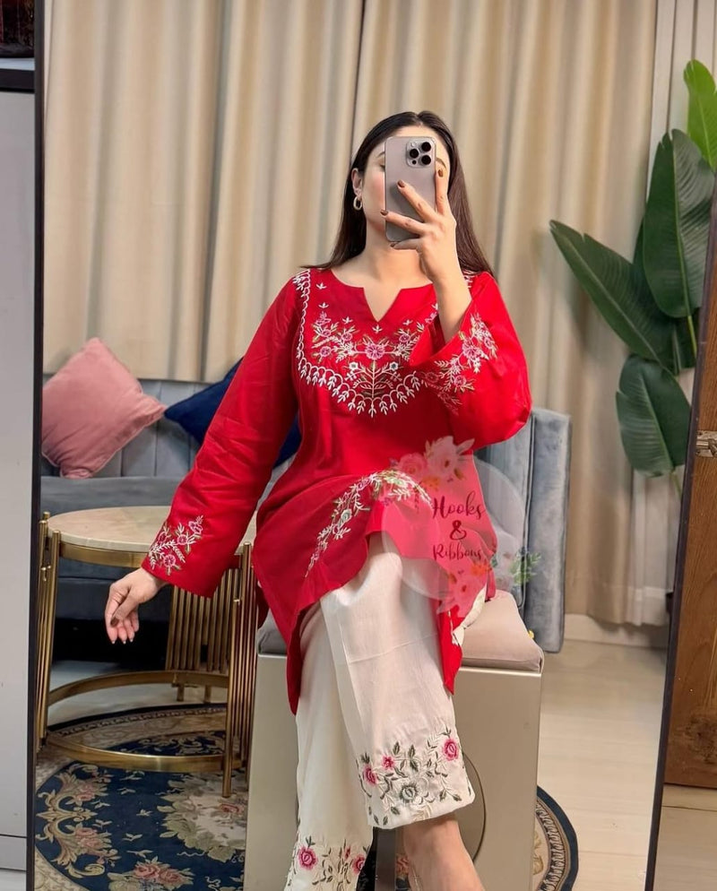 Premium Pure Cotton Red Embroidered Co-ord Set