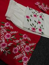 Premium Pure Cotton Red Embroidered Co-ord Set