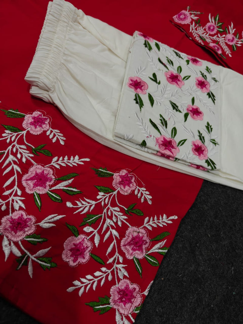 Premium Pure Cotton Red Embroidered Co-ord Set
