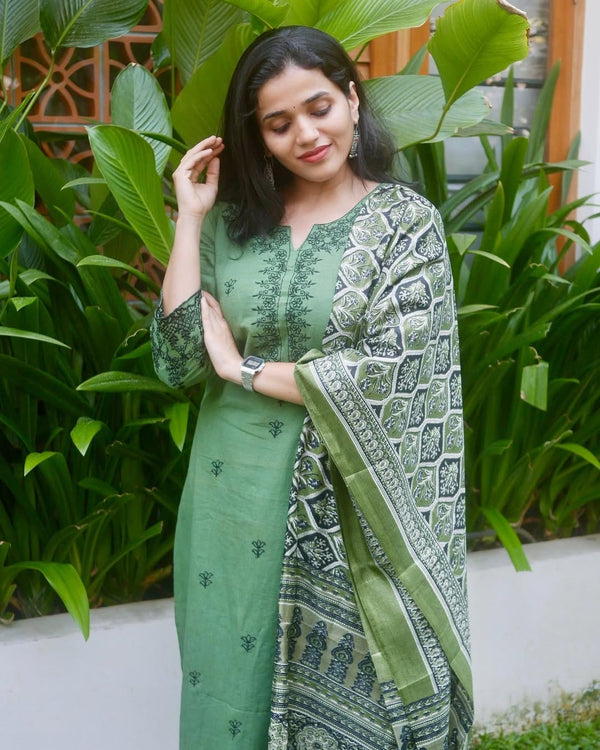 Premium Cotton Slub kurti pant dupatta set