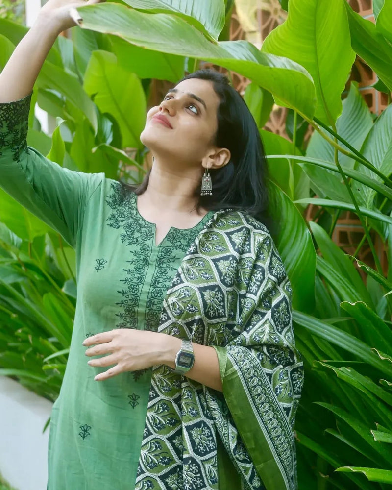 Premium Cotton Slub kurti pant dupatta set