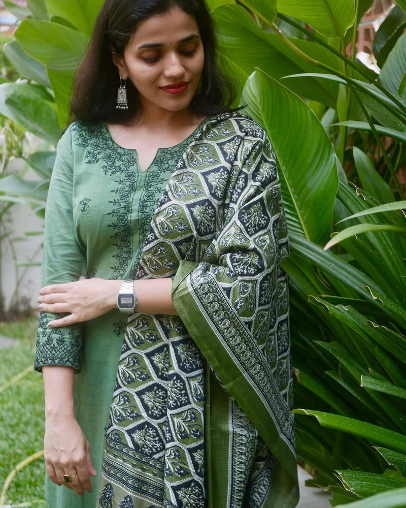 Premium Cotton Slub kurti pant dupatta set