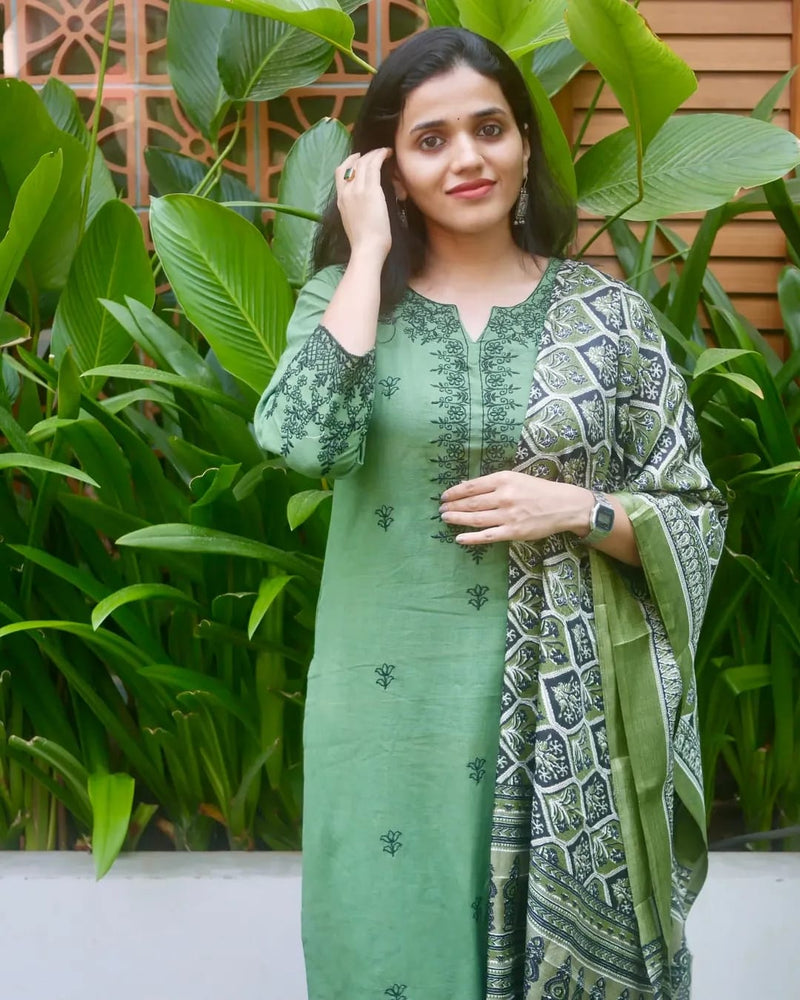 Premium Cotton Slub kurti pant dupatta set