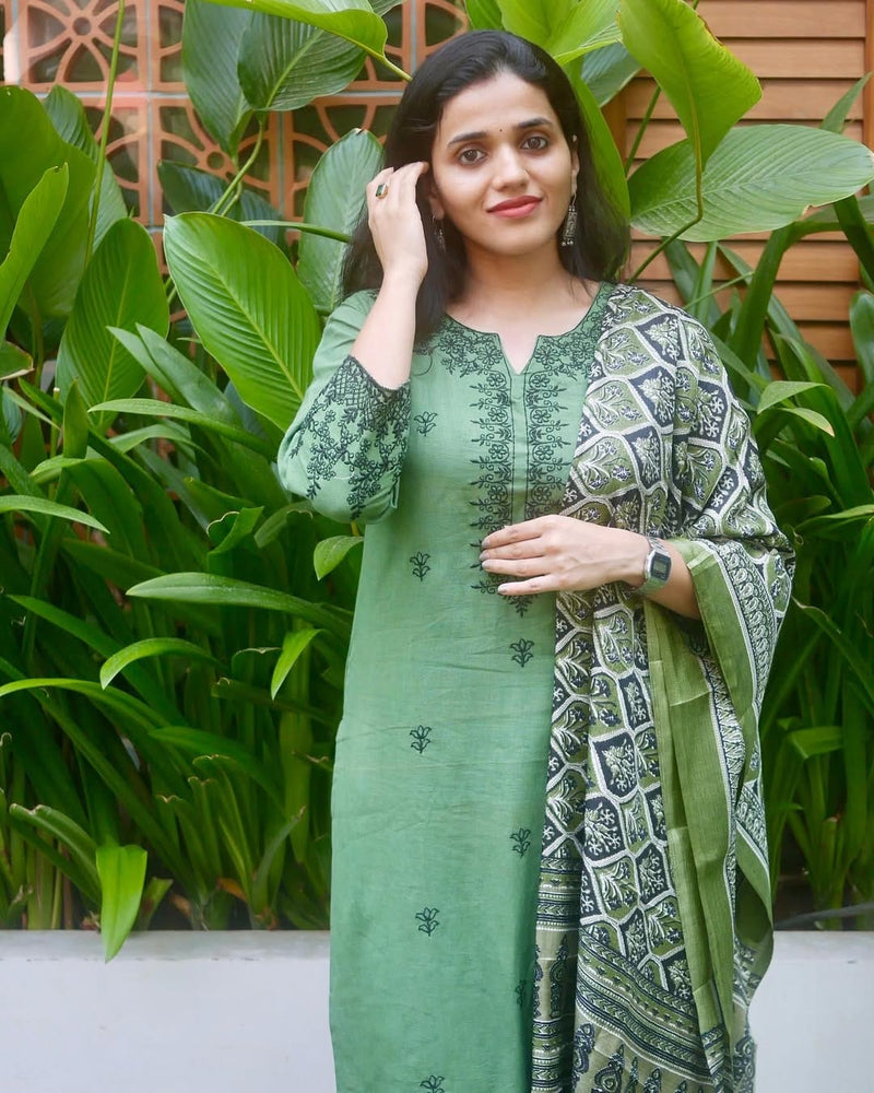 Premium Cotton Slub kurti pant dupatta set