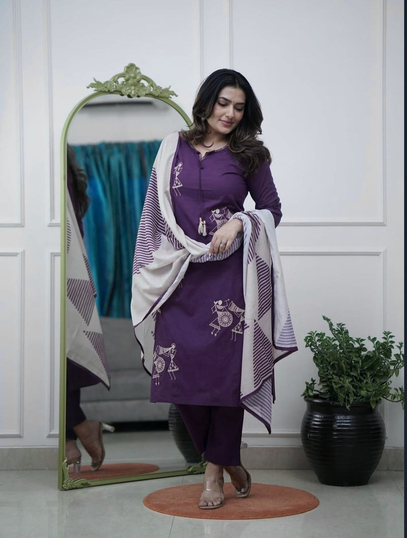Beautiful Pure Cotton Kurti Pant Dupatta Set