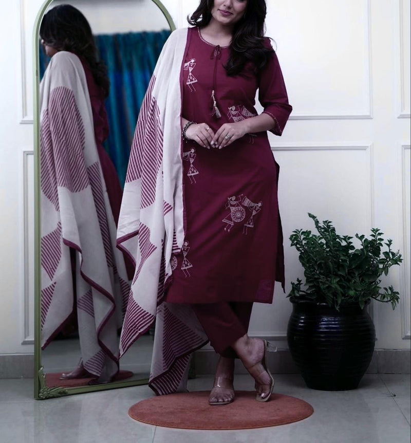 Beautiful Pure Cotton Kurti Pant Dupatta Set