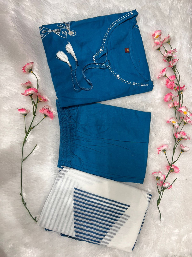 Beautiful Pure Cotton Kurti Pant Dupatta Set