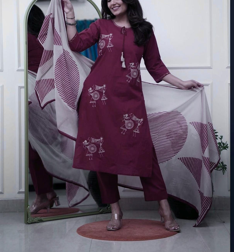 Beautiful Pure Cotton Kurti Pant Dupatta Set