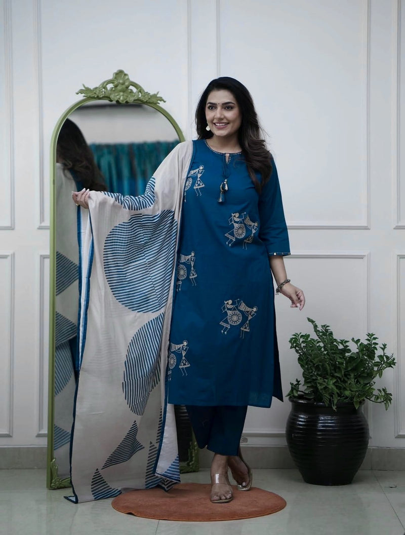 Beautiful Pure Cotton Kurti Pant Dupatta Set