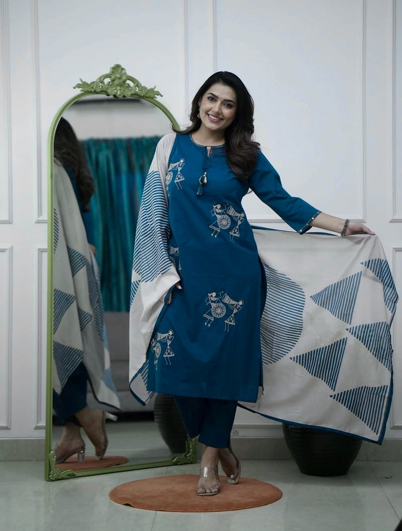 Beautiful Pure Cotton Kurti Pant Dupatta Set