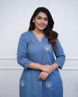 Pure Cotton  Embroidery & Moti Lace Neck Design Kurti Set