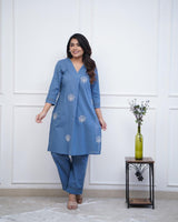 Pure Cotton  Embroidery & Moti Lace Neck Design Kurti Set