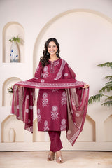 Pure Fine Cotton Add Work  kurti pant dupatta set