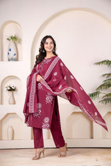 Pure Fine Cotton Add Work  kurti pant dupatta set